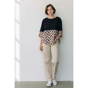 COS Sz S Oversized Mixed Media Knit Top 3/4 Sleeves 60s Mod Retro Print Boxy Fit